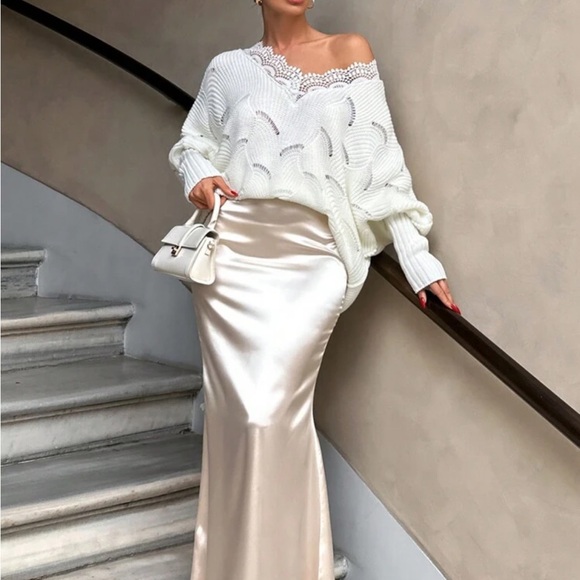 Boho Sheer Mesh Lace Long Sleeve Knit Sweater Top - Picture 3 of 7